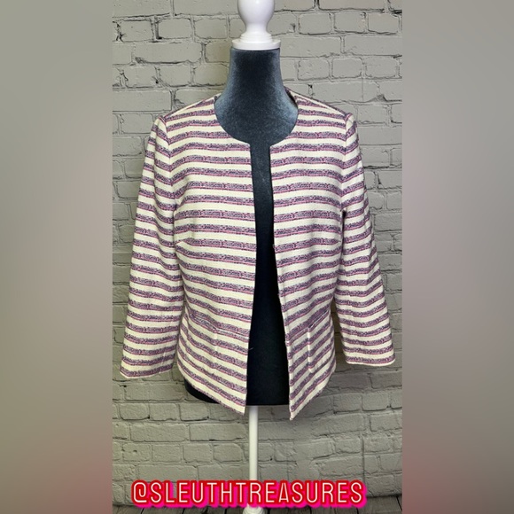 Talbots Tweed Textured Striped Lined Blazer Jacket Pink White Blue Long Sleeve 6 - Picture 2 of 7